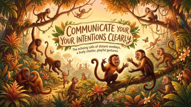 Playful monkeys in a jungle setting, illustrating communication, teamwork, and social interaction, with text "COMMUNICATE YOUR INTENTIONS CLEARLY"