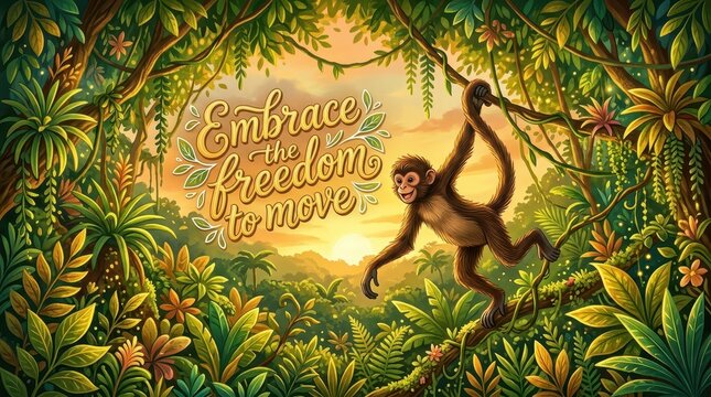 Vibrant jungle scene with a monkey swinging from a vine, text reads "Embrace the freedom to move", sunset background