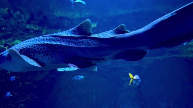 A stunning underwater ocean world where small and large fish swim, featuring a graceful stingray gliding by.