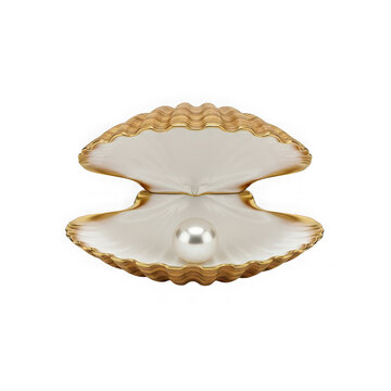 Shiny white pearl inside an open golden clam shell
