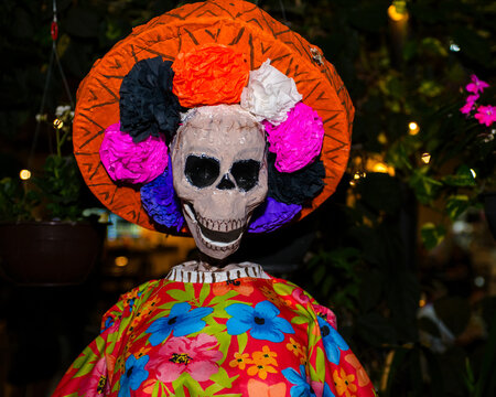 Mexican Day of the Dead Skeleton Decoration with Colorful Floral Dress