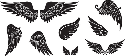 Fototapeta premium Angel wings icon set in flat style, bird wing symbol collection and group, black monochrome vector illustration isolated on transparent background. silhouette vector illustration