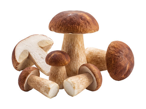 Fresh Porcini Mushrooms Collection &ndash; Whole and Sliced Boletus Edulis on Transparent Background