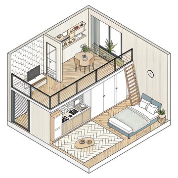 Modern tiny house interior with loft and balcony design