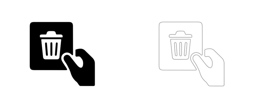 Hand holding delete card with trash bin vector icon filled and outline, file removal and trash disposal symbol.