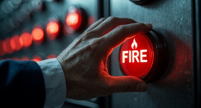 Hand pressing emergency fire alarm button in dark room