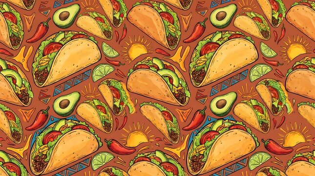 Seamless pattern of delicious tacos with avocado and chili on a brown background