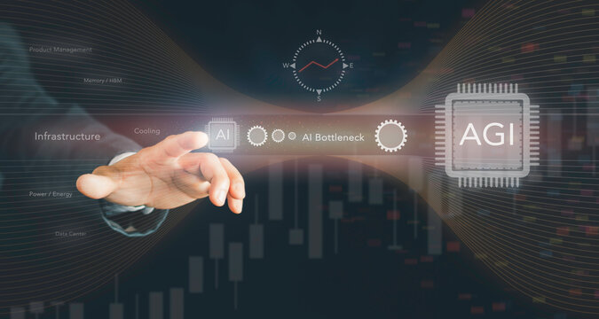 Businessman hand touching interface for AI bottleneck concept. Solving infrastructure, cooling, power energy, HBM memory, and data center challenges to reach AGI processor chip.