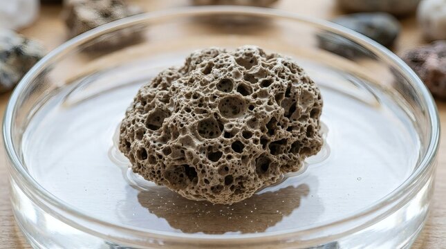 Pumice stone floating in water in a petri dish