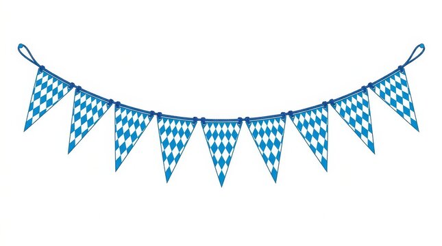 Bavarian Bunting Garland with Blue and White Diamond Pattern for Oktoberfest Decoration Isolated on White Background