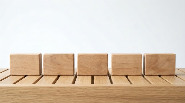 Five wooden blocks arranged in a row on a slatted wooden surface