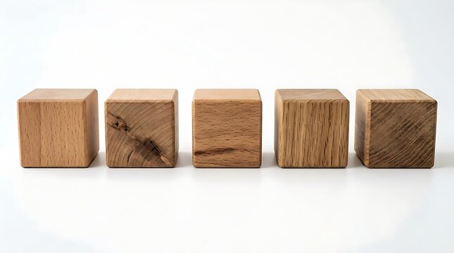Five wooden cubes arranged in a row on a white surface