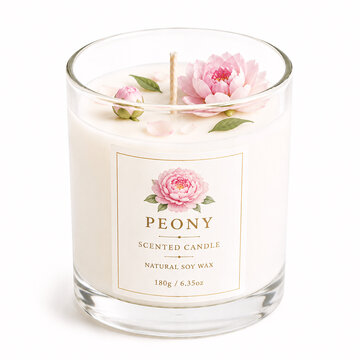 Peony scent candle with floral decorations in glass jar