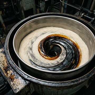 Dark molasses ribboning off a spinning sugar centrifugal basket