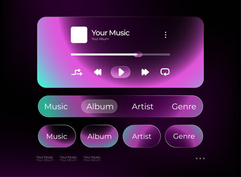 Holographic liquid glassmorphism music player UI with translucent album controls, playback buttons, navigation tabs, and vibrant gradient effects for futuristic apps, dashboards, and games.