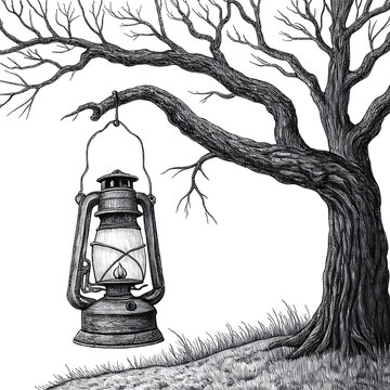 Old lantern hanging from a bare tree branch at dusk