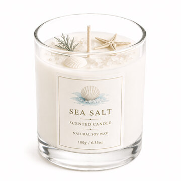 glass jar scented soy candle with salt and starfish