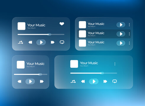 Glassmorphism music player UI kit with translucent audio controls, playlist cards, playback buttons, and responsive layouts in a blue gradient style for modern apps, websites, and dashboards.