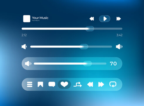 Modern glassmorphism music player UI with translucent controls, audio sliders, volume settings, playback buttons, and a futuristic blue gradient interface for apps and dashboards.