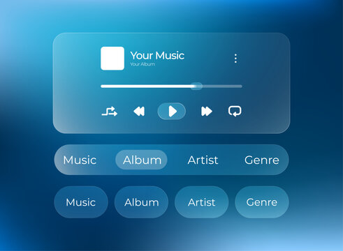 Futuristic glassmorphism music player UI with translucent controls, playback buttons, volume slider, and album navigation on a blue gradient background. Ideal for app and web design.