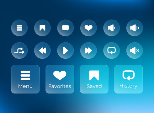 Modern glassmorphism music player icon set with translucent circular controls and labeled navigation cards for menu, favorites, saved tracks, and history in a blue gradient interface.
