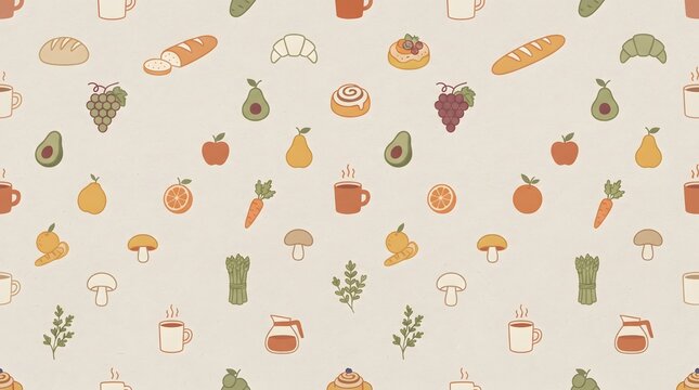 Seamless pattern with minimalist food icons, healthy vegetables and bakery items background.