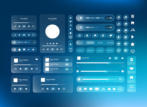 Futuristic glassmorphism music player UI kit with responsive layouts, playback controls, audio waveforms, volume sliders, album cards, and navigation elements on a blue gradient background.