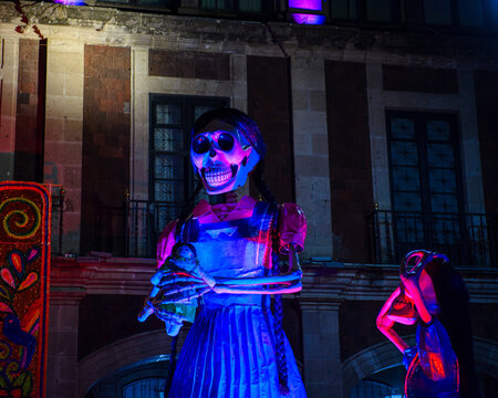 Giant Skeleton Figure Celebrating Day of the Dead at Night in Mexico