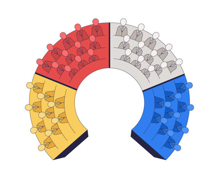 Color coded parliament seating 2D cartoon clip art. Circular chamber with sections. Party affiliation. Political representation isolated flat vector element on white background. Spot illustration