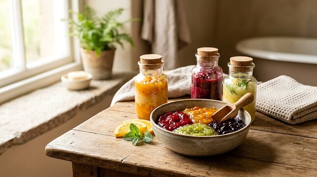 Fruit preserves in bowl and bottles on rustic wooden table