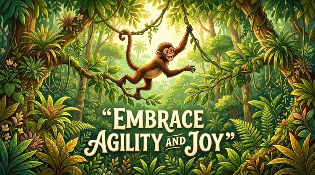 Playful monkey swinging on vines in a lush jungle, with inspirational text 'Embrace Agility and Joy' symbolizing freedom and happiness