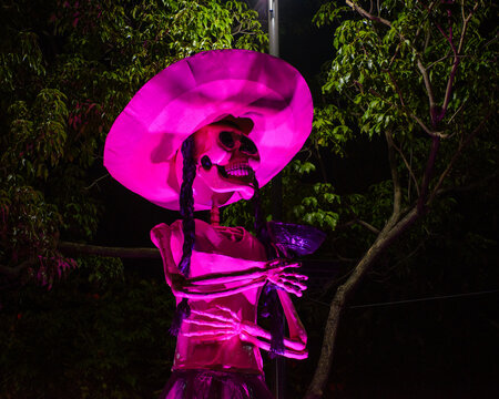 Giant Skeleton Figure Celebrating Day of the Dead at Night in Mexico