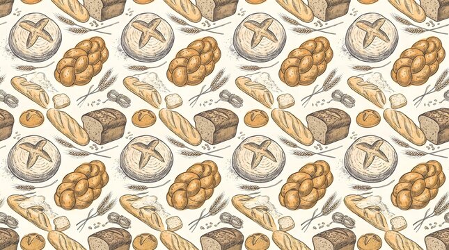 Seamless pattern of hand drawn artisan bread loaves and bakery products on white background