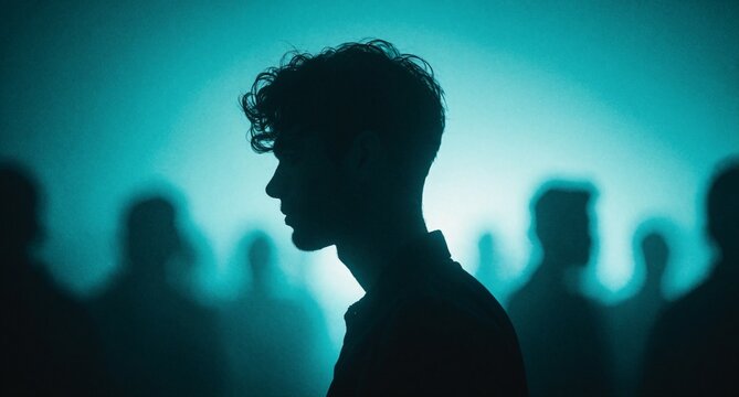 Silhouette of a young man in a crowded club with blue lighting