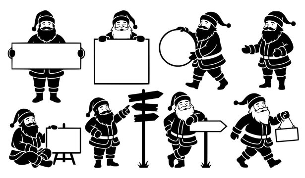 Christmas Santa Claus black silhouette characters with blank signboard vector set