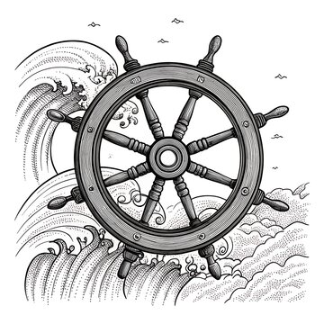 Vintage ship wheel with ocean waves illustration