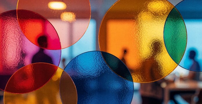 Abstract Colorful Circles on Glass Window with Blurred People Silhouette