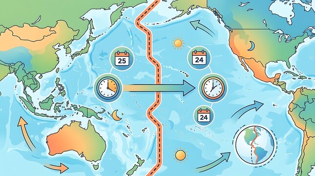 International date line infographic showing time zone changes on map