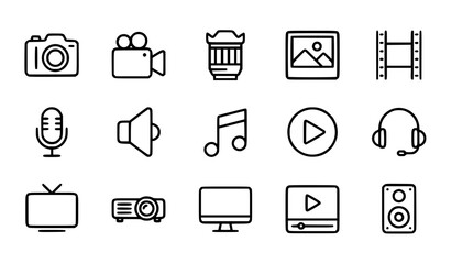 Fototapeta premium Multimedia Technology Photo Video Music Editable Line Icons Vector Set