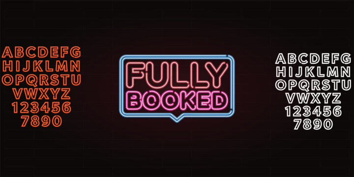 Neon alphabet vector set, fully booked glowing sign, retro electric typography kit for bar and restaurant signage