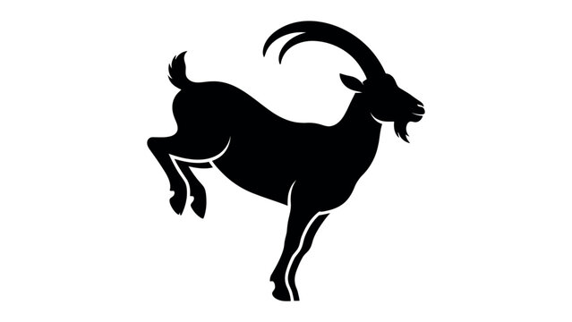 Silhouette of an Ibex on a White Background: A striking black silhouette of an ibex, a wild goat known for its impressive curved horns, stands poised against a clean white backdrop.