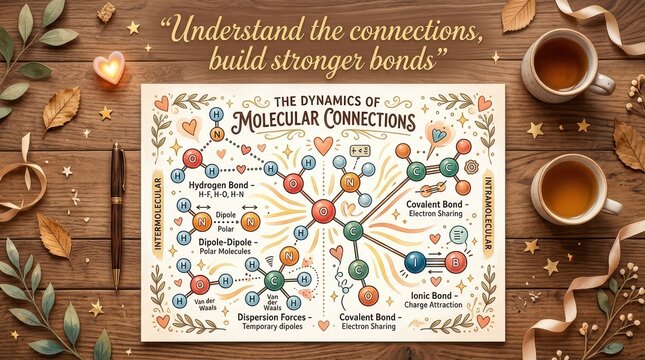 The Dynamics of Molecular Connections educational poster, surrounded by autumn decor, teacups, and pens on a wooden table