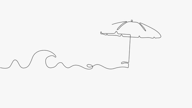 Continuous Line Drawing of Beach Umbrella and Lounge Chair with Ocean Wave Animation. 