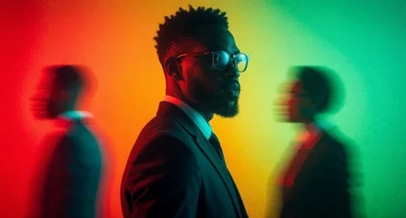Stylish African American Man in Suit with Glasses in Colorful Abstract Background © KarpenArt Studio