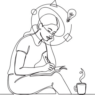 woman thinking solving problems finding solutions.one line art vector illustration