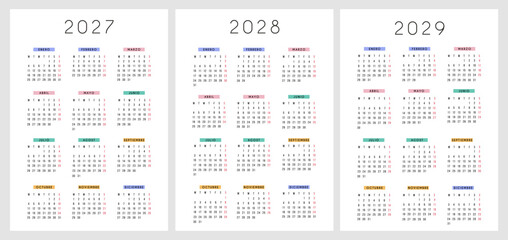 Fototapeta na wymiar 2027 2028 2029 Spanish calendar template set. Minimalist 3 year annual calendar planner layout with colorful pastel month headers in Spanish language for home and office planning.
