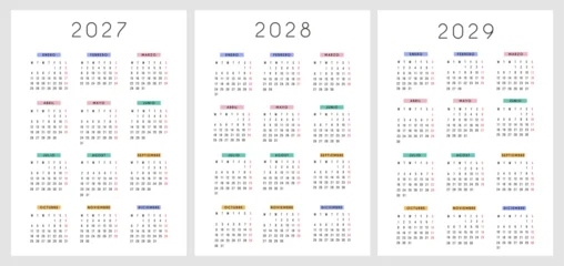 Fotobehang Sportwinkel 2027 2028 2029 Spanish calendar template set. Minimalist 3 year annual calendar planner layout with colorful pastel month headers in Spanish language for home and office planning.  © millering