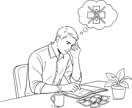 businessman thinking about health insurance cost.one line art vector illustration