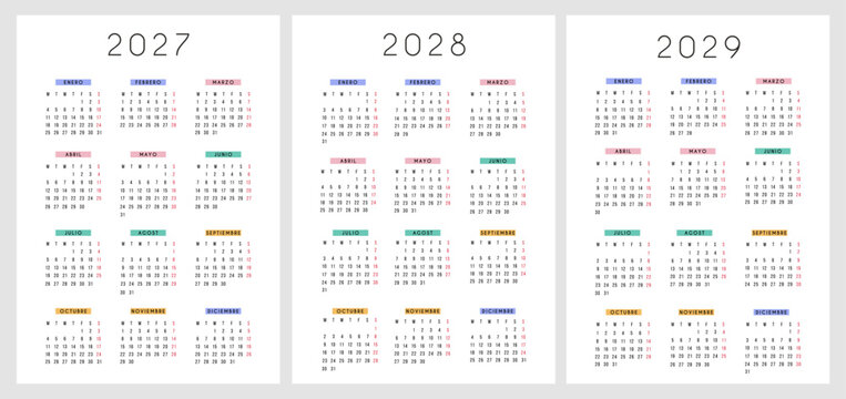 2027 2028 2029 Spanish calendar template set. Minimalist 3 year annual calendar planner layout with colorful pastel month headers in Spanish language for home and office planning.