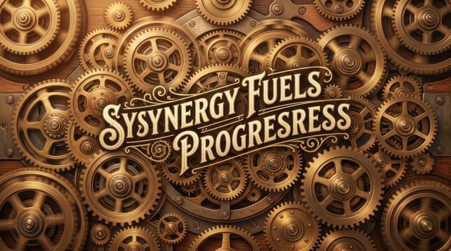 Steampunk gears and cogs in golden bronze, textured wood background, with the text "Synergy Fuels Progress" in vintage font